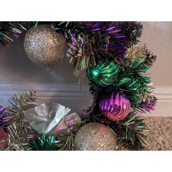 Large Handmade Mardi Gras 21" Wreath Mask Front Door Decor Purple Gold Green - Picture 3 of 8
